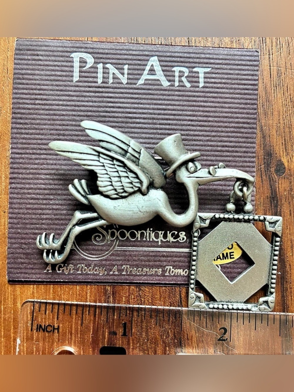 JJ Stork with Top Hat and Dangle Photo Frame Pin Brooch Jewelry Baby